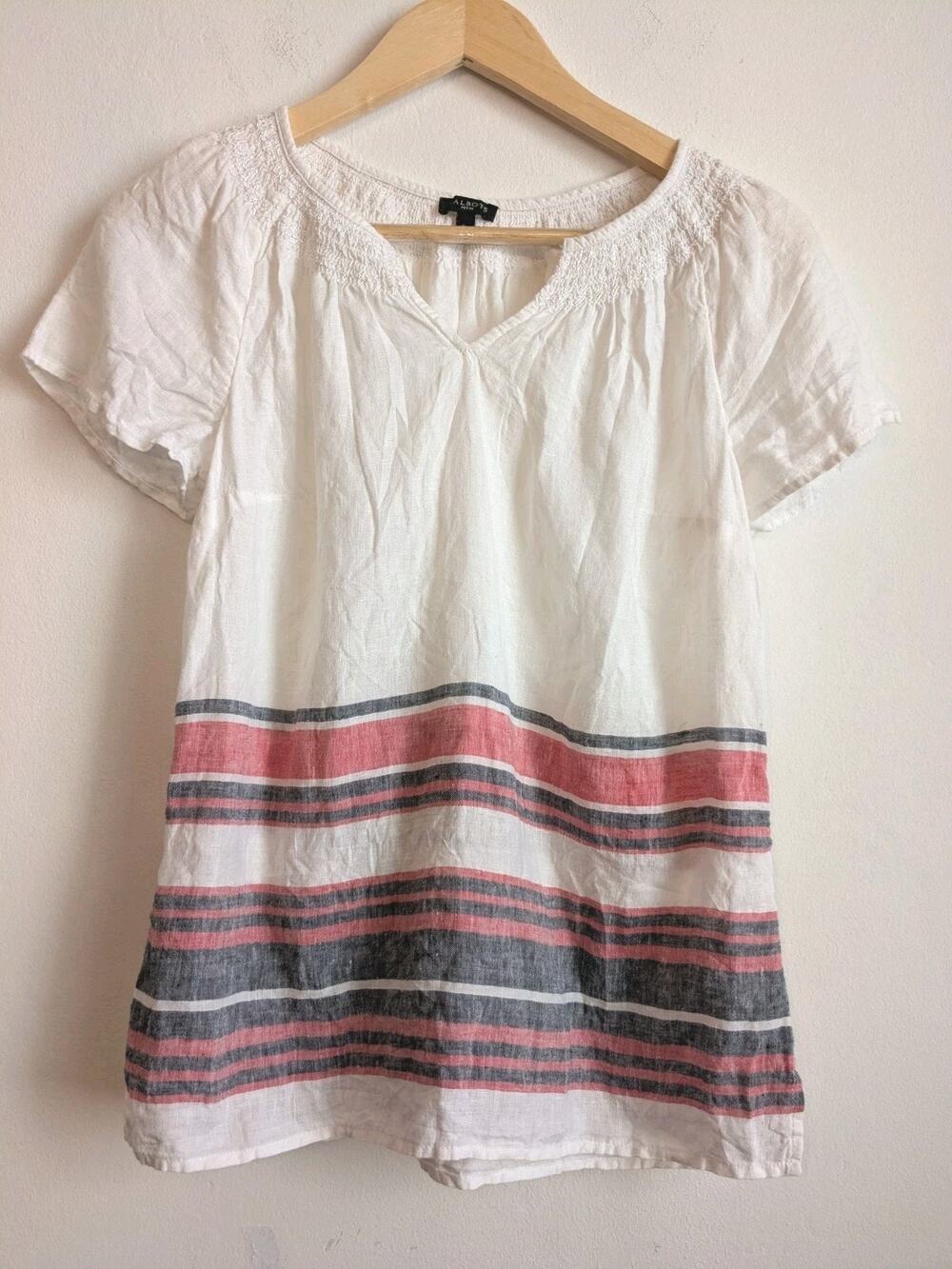 Talbots Top Short Sleeve Border Stripe 100% Linen Split Neck Pullover Size S/P